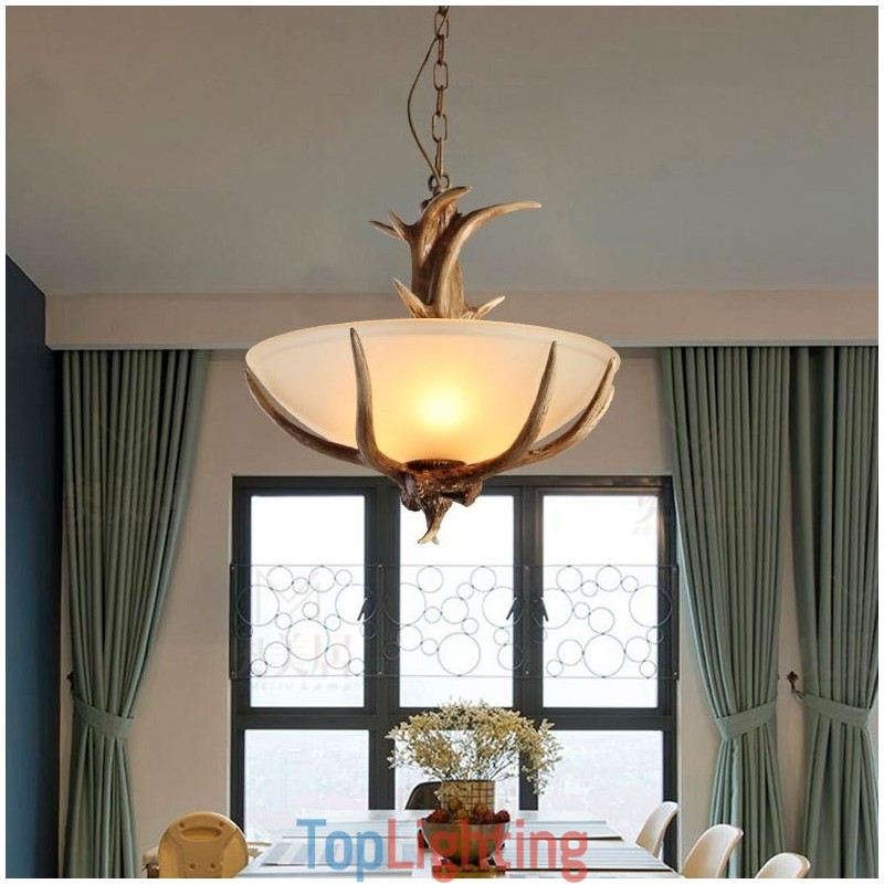One Light Rustic Artistic Retro Antler Antique Pendant Light with Glass Shade