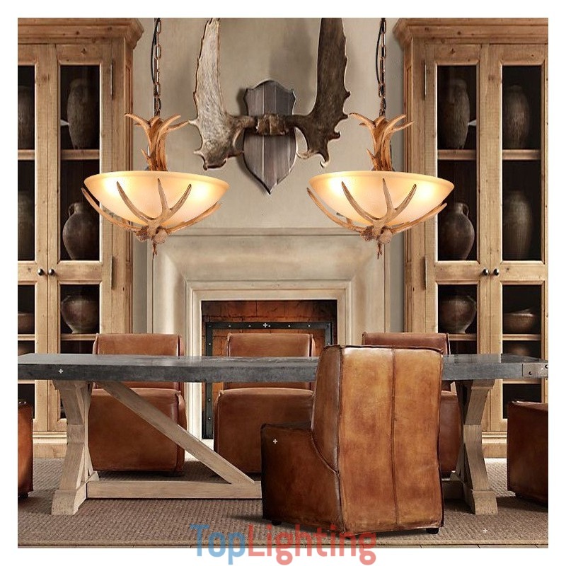 One Light Rustic Artistic Retro Antler Antique Pendant Light with Glass Shade
