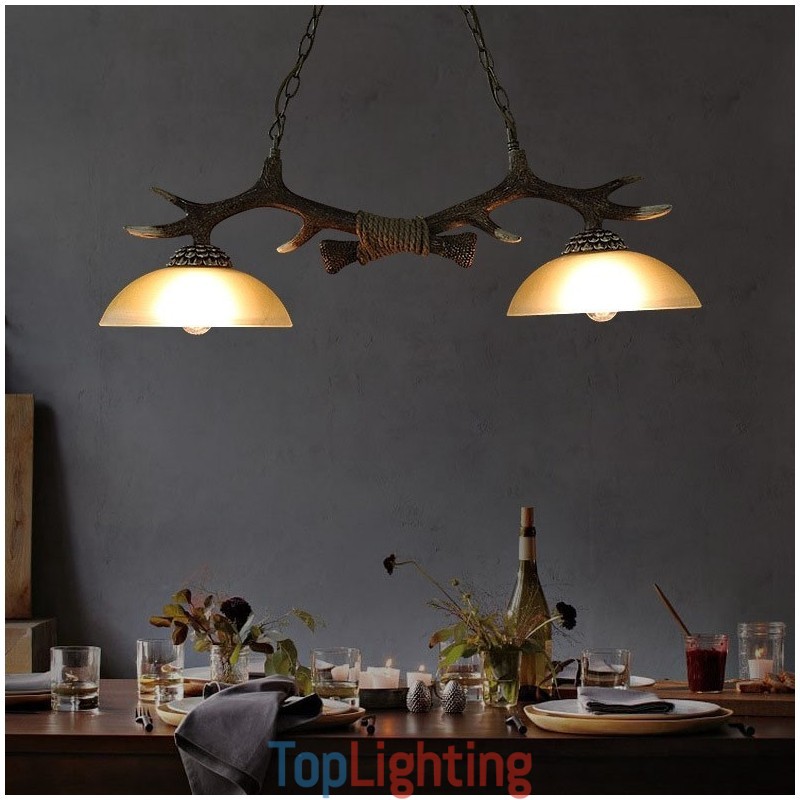 2 Light Black Rustic Artistic Retro Antler Antique Pendant Light with Glass Shade