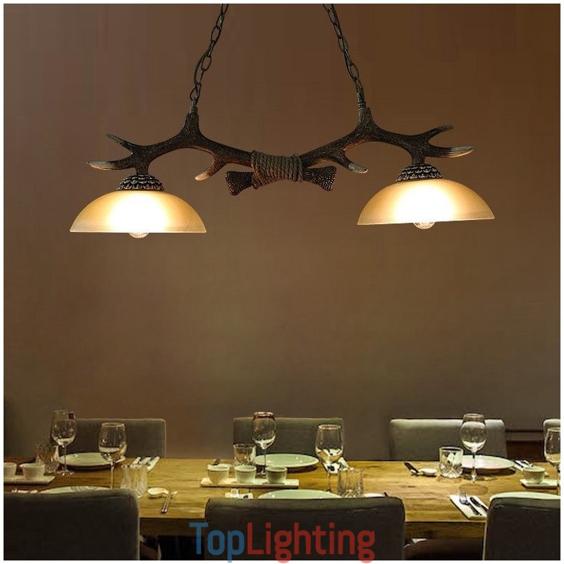 2 Light Black Rustic Artistic Retro Antler Antique Pendant Light with Glass Shade