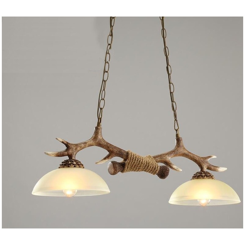 2 Light Brown Rustic Artistic Retro Antler Antique Pendant Light with Glass Shade