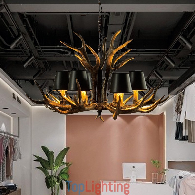 6 Light Black Rustic Artistic Retro Antler Antique Chandelier with Shades