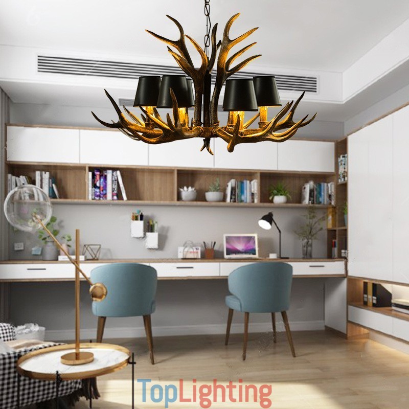 6 Light Black Rustic Artistic Retro Antler Antique Chandelier with Shades
