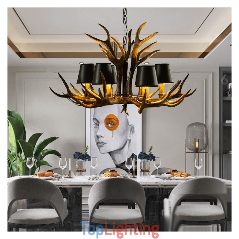 6 Light Black Rustic Artistic Retro Antler Antique Chandelier with Shades