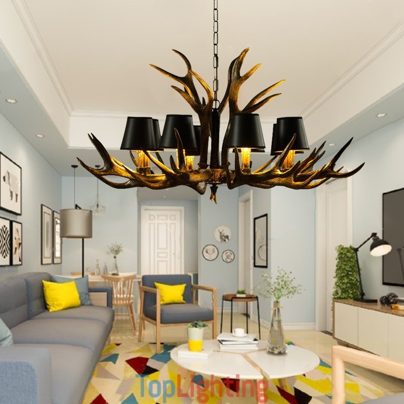 8 Light Black Rustic Artistic Retro Antler Antique Chandelier with Shades