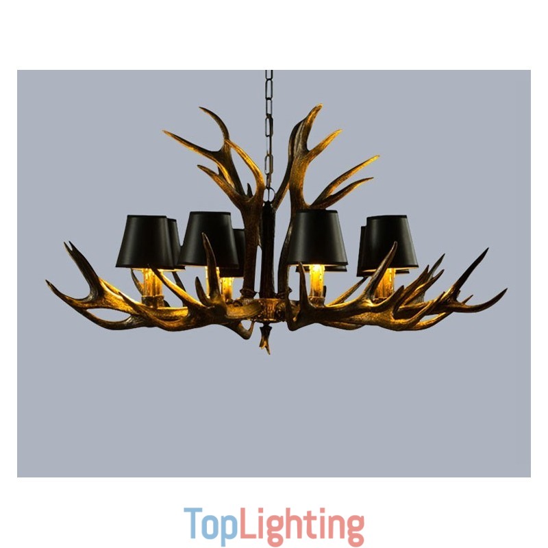 8 Light Black Rustic Artistic Retro Antler Antique Chandelier with Shades
