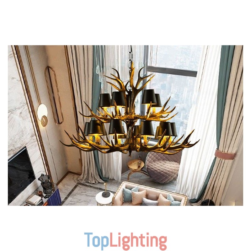15 Light Black Rustic Artistic Retro Antler Antique Chandelier with Shades