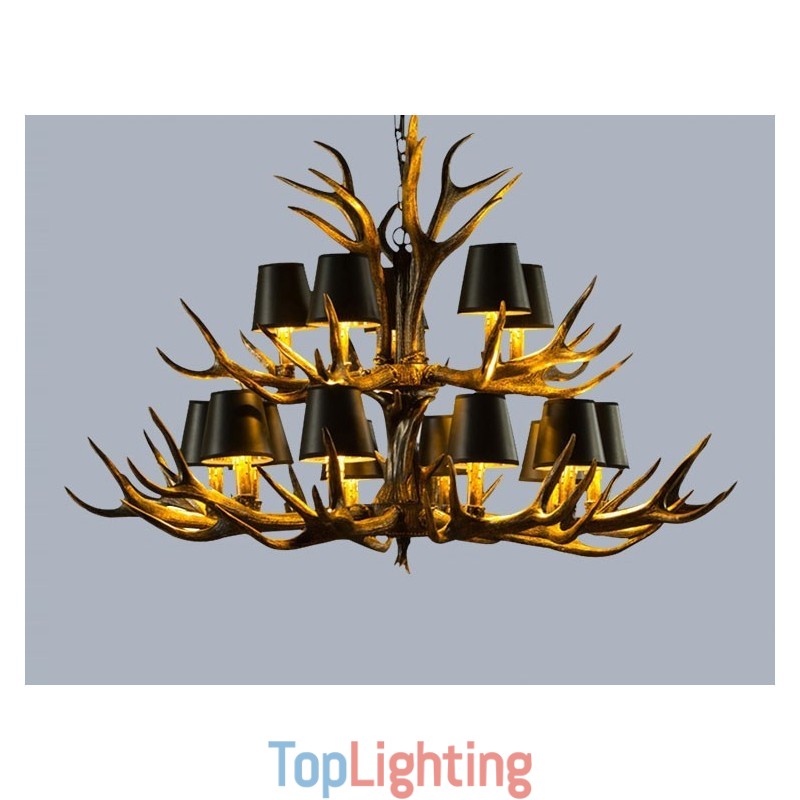 15 Light Black Rustic Artistic Retro Antler Antique Chandelier with Shades