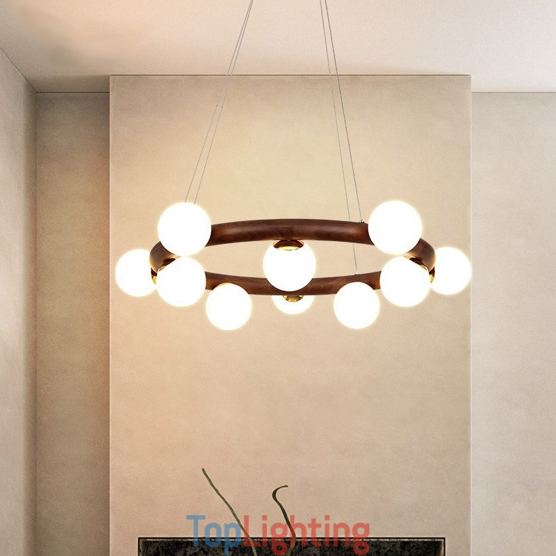 Nordic Ring Simple Black Walnut Wood Pendant Chandelier with Bean Shades