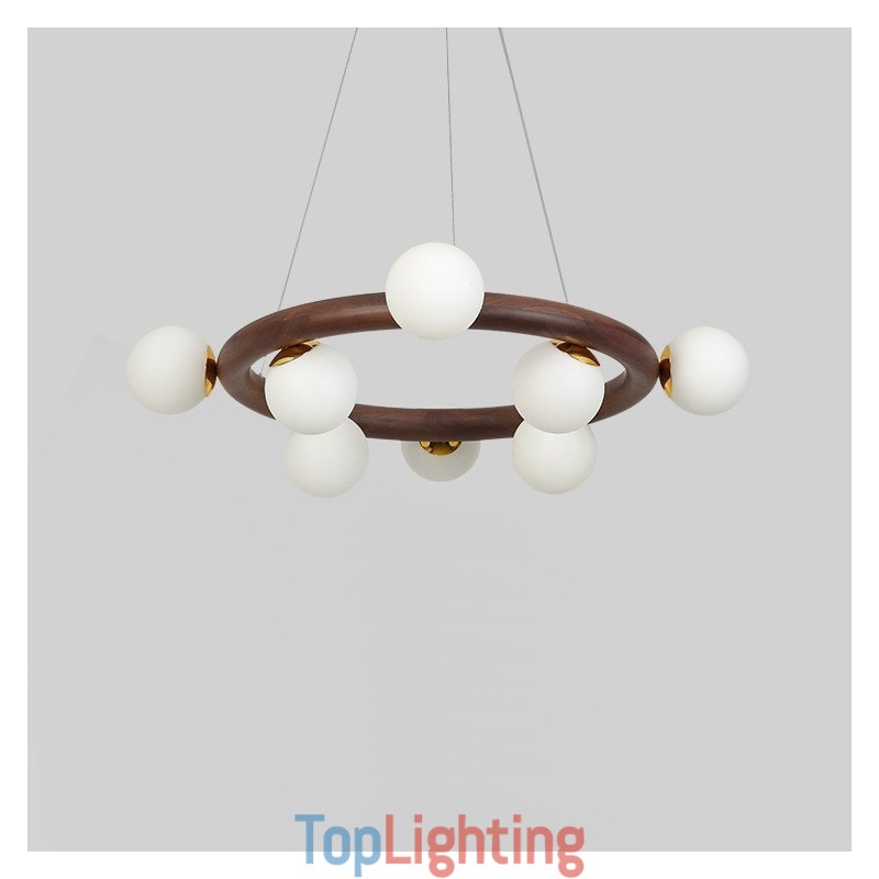 Nordic Ring Simple Black Walnut Wood Pendant Chandelier with Bean Shades