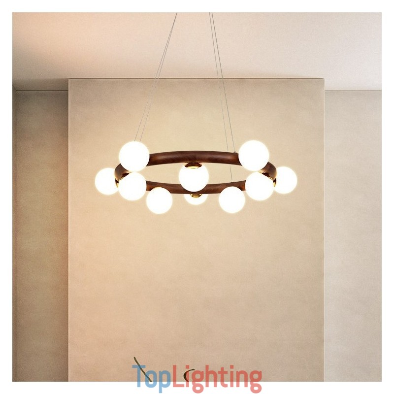 Nordic Ring Simple Black Walnut Wood Pendant Chandelier with Bean Shades