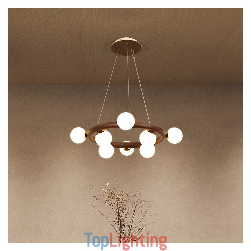 Nordic Ring Simple Black Walnut Wood Pendant Chandelier with Bean Shades
