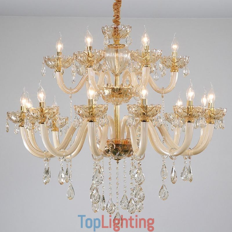 Elegant Crystal Chandelier European Cognac Color Ceiling Light Glass Body Double Layer 12+6 Lights