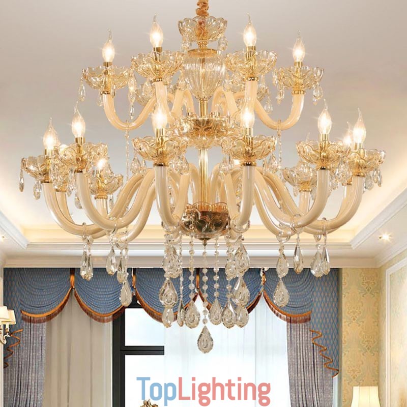 Elegant Crystal Chandelier European Cognac Color Ceiling Light Glass Body Double Layer 12+6 Lights