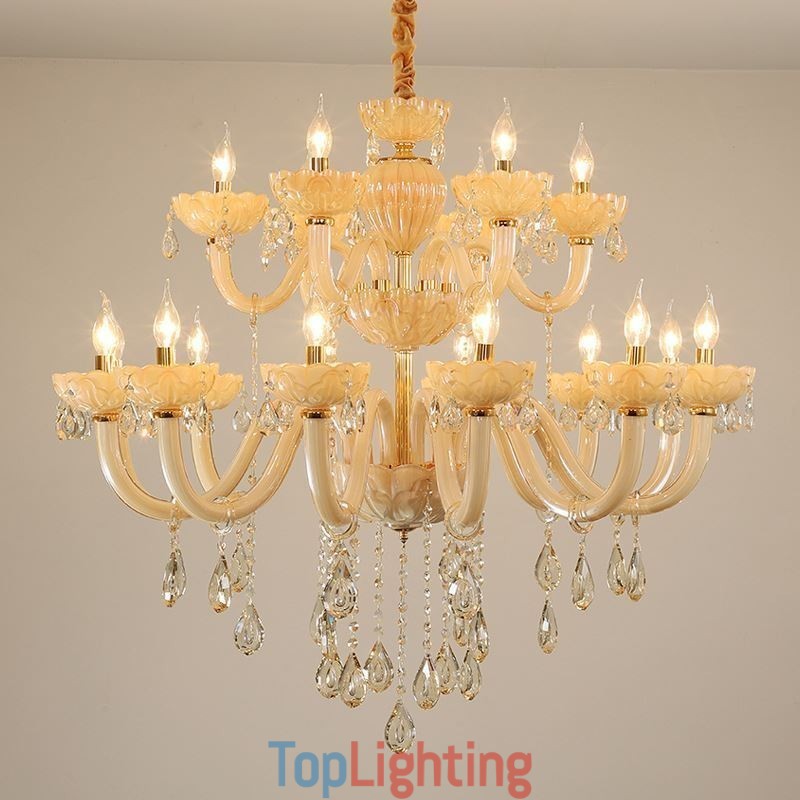 Luxurious Crystal Chandelier European Cognac Color Ceiling Lamp Glass Body Double Layer 12+6 Lights