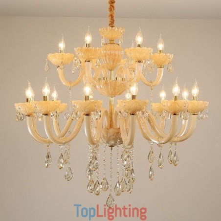 Luxurious Crystal Chandelier European Cognac Color Ceiling Lamp Glass Body Double Layer 12+6 Lights Luxurious Crystal Chandelier European Cognac Color Ceiling Lamp Glass Body Double Layer 12+6 Lights