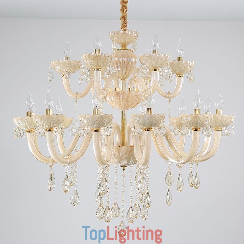 Luxurious Crystal Chandelier European Cognac Color Ceiling Lamp Glass Body Double Layer 12+6 Lights