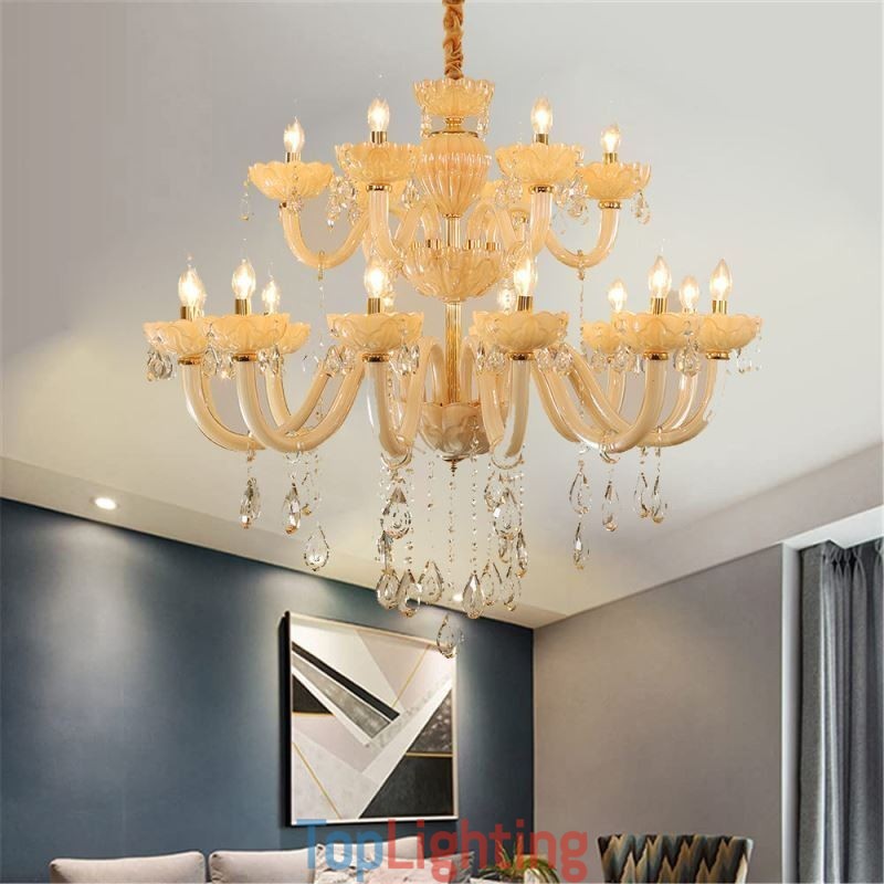Luxurious Crystal Chandelier European Cognac Color Ceiling Lamp Glass Body Double Layer 12+6 Lights