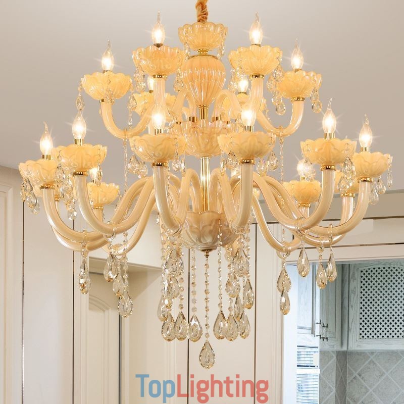 Luxurious Crystal Chandelier European Cognac Color Ceiling Lamp Glass Body Double Layer 12+6 Lights