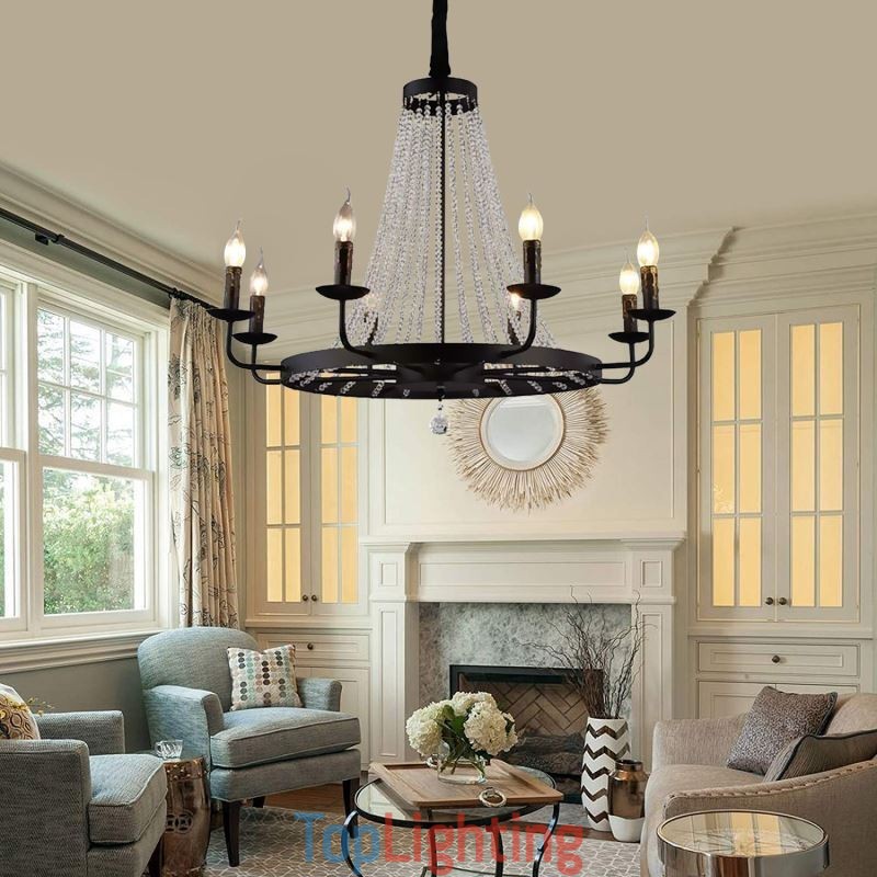 Vintage Crystal Pendant Lighting Black Iron Candle Chandelier
