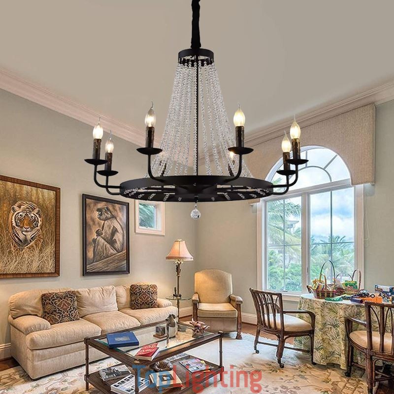 Vintage Crystal Pendant Lighting Black Iron Candle Chandelier