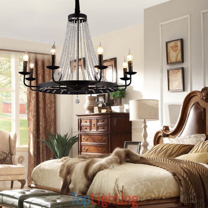 Vintage Crystal Pendant Lighting Black Iron Candle Chandelier