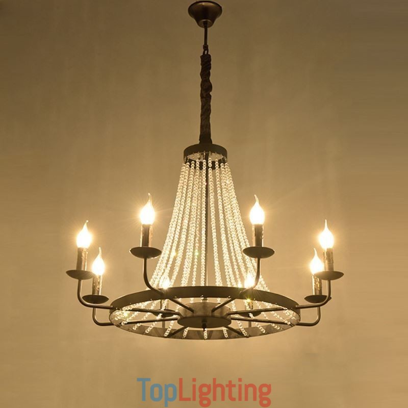 Vintage Crystal Pendant Lighting Black Iron Candle Chandelier