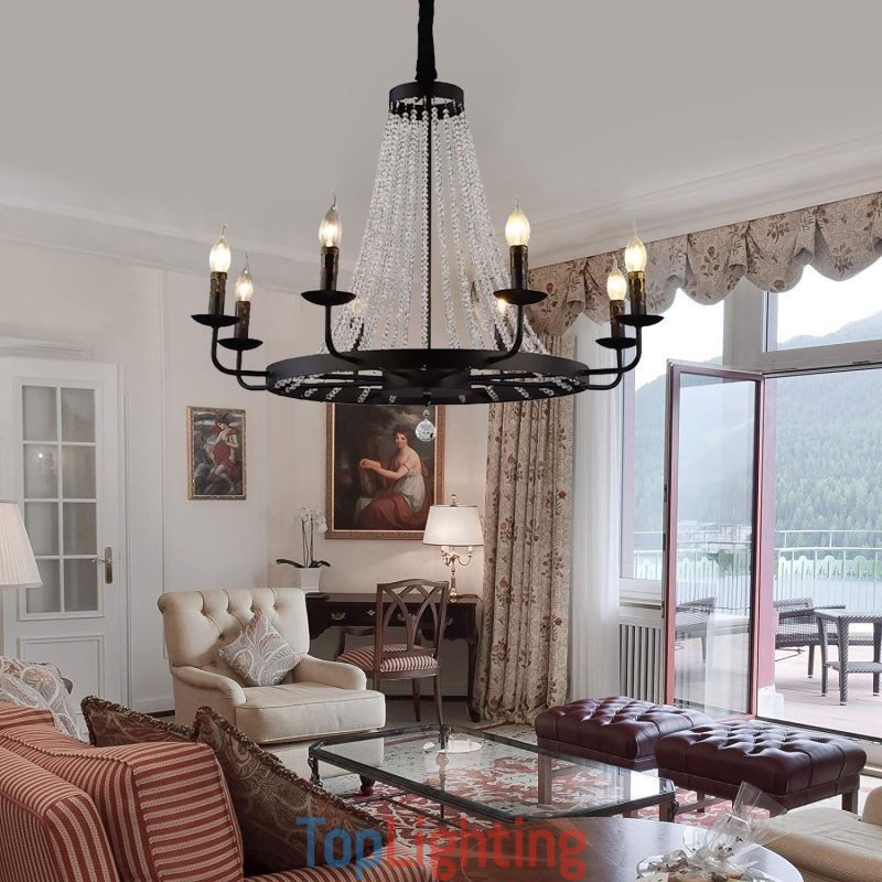 Vintage Crystal Pendant Lighting Black Iron Candle Chandelier