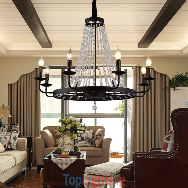 Vintage Crystal Pendant Lighting Black Iron Candle Chandelier
