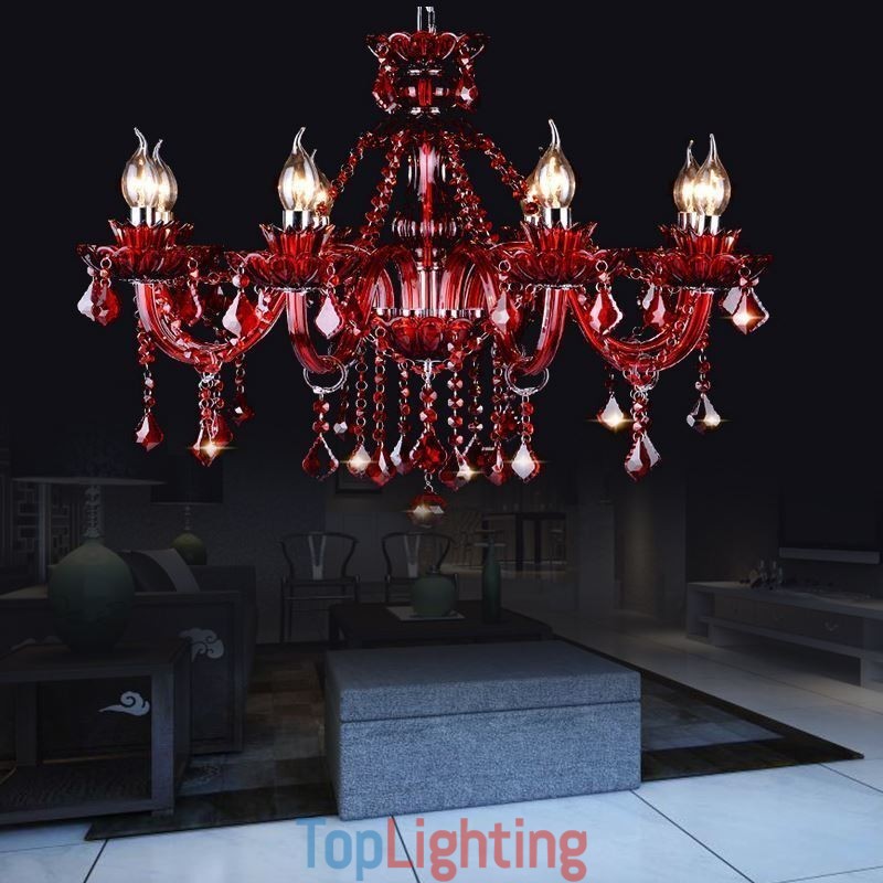 European Crystal Chandelier Red Colour Pendant Light