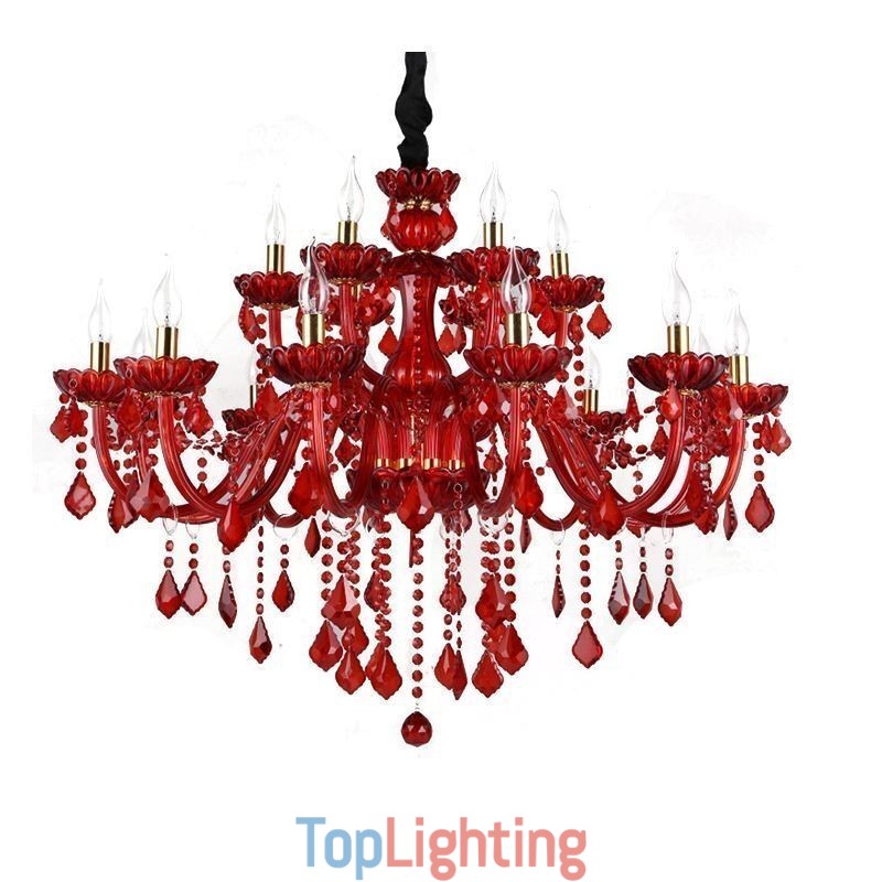 European Elegant Crystal Chandelier Red Colour Pendant Light