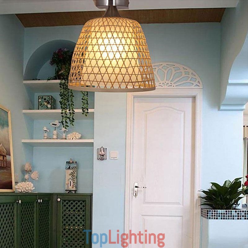 Bamboo Semi Flush Mount Creative Round Ceiling Light Vestibule Lighting