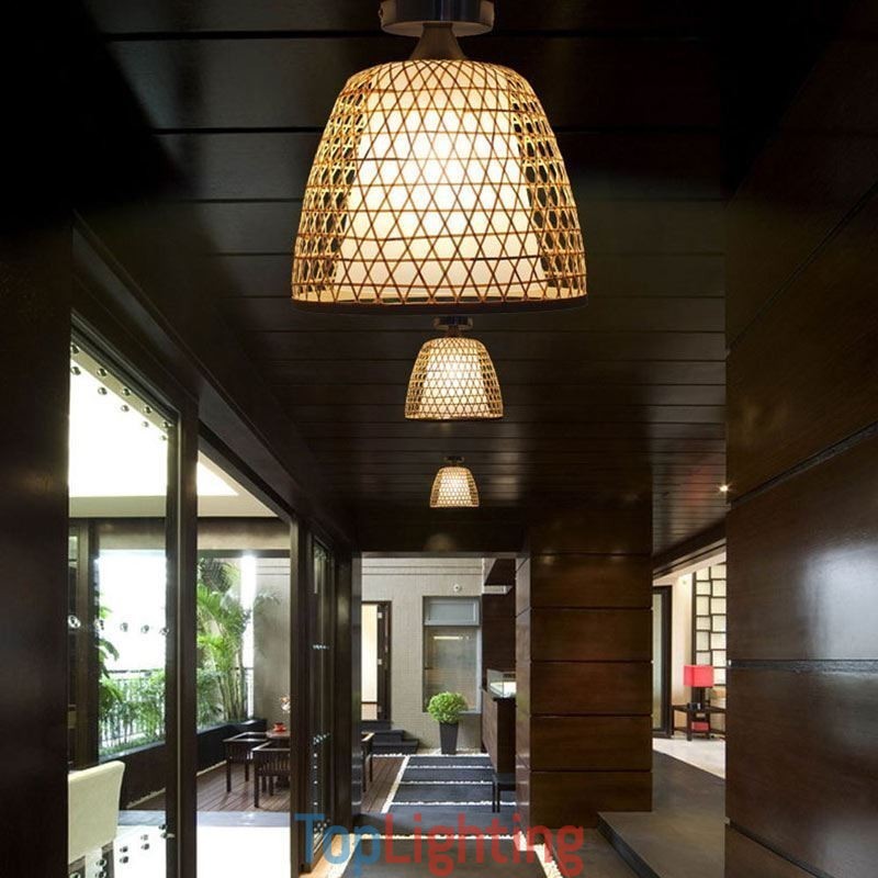 Bamboo Semi Flush Mount Creative Round Ceiling Light Vestibule Lighting