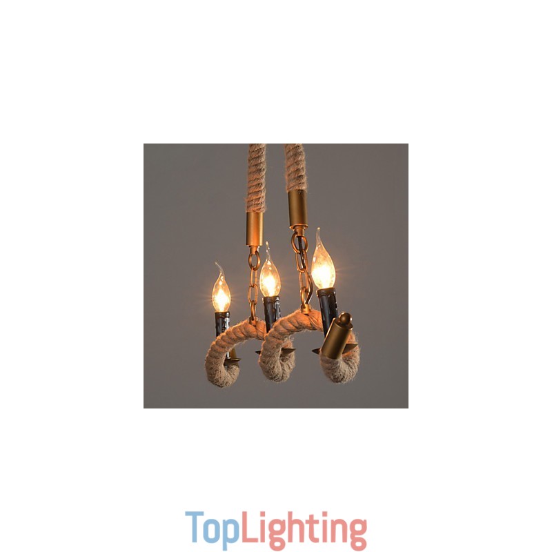 Candle Hemp Chandelier Vintage Pendant Wrought Iron Wave Hemp Rope Chandelier
