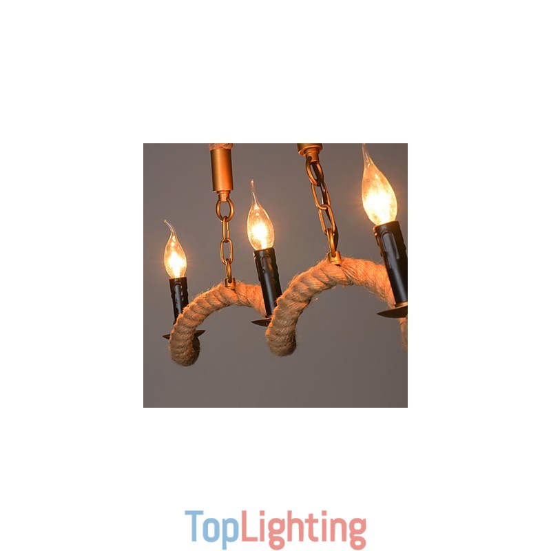 Candle Hemp Chandelier Vintage Pendant Wrought Iron Wave Hemp Rope Chandelier