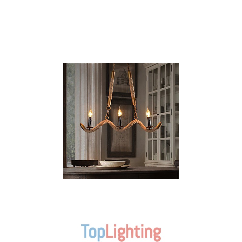 Candle Hemp Chandelier Vintage Pendant Wrought Iron Wave Hemp Rope Chandelier