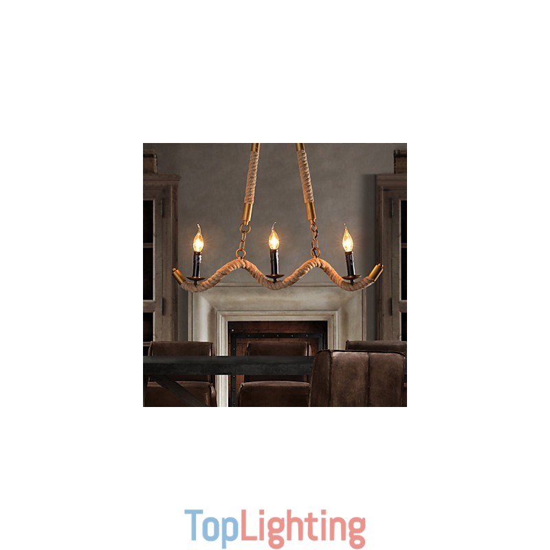Candle Hemp Chandelier Vintage Pendant Wrought Iron Wave Hemp Rope Chandelier