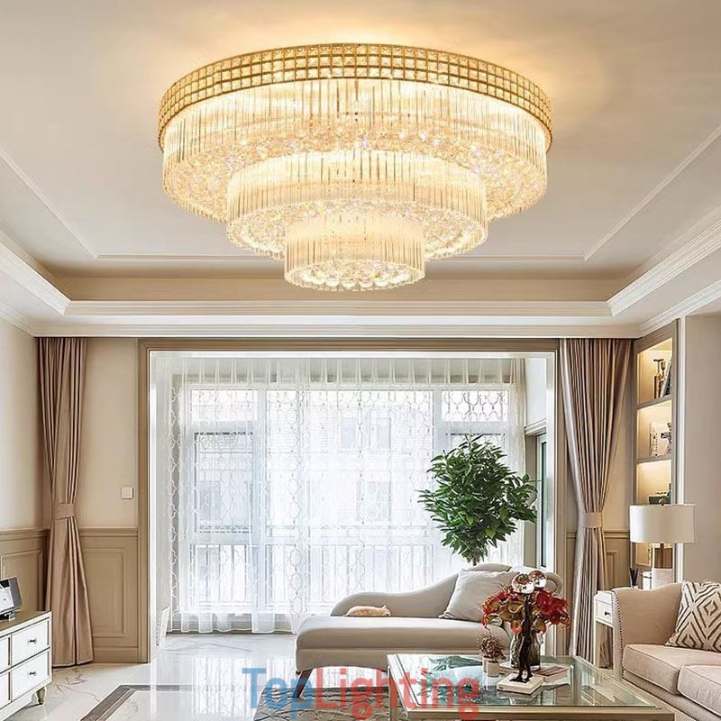 Crystal Flush Mount Round Crystal Ceiling Lamp with Remote Control 80CM