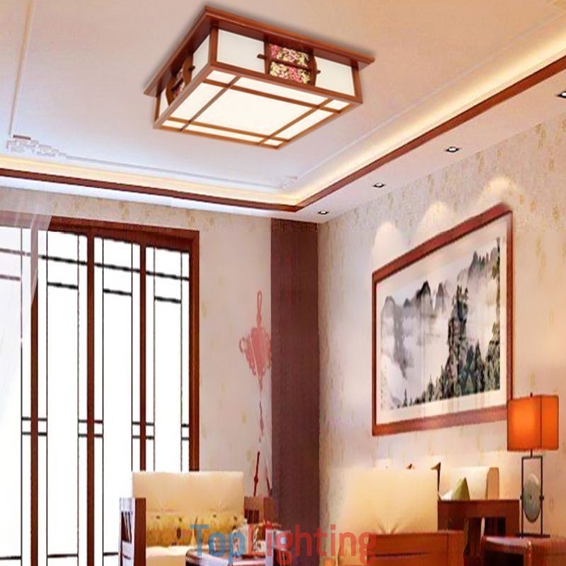 Retro Wooden Flush Mount Square Ceiling Light