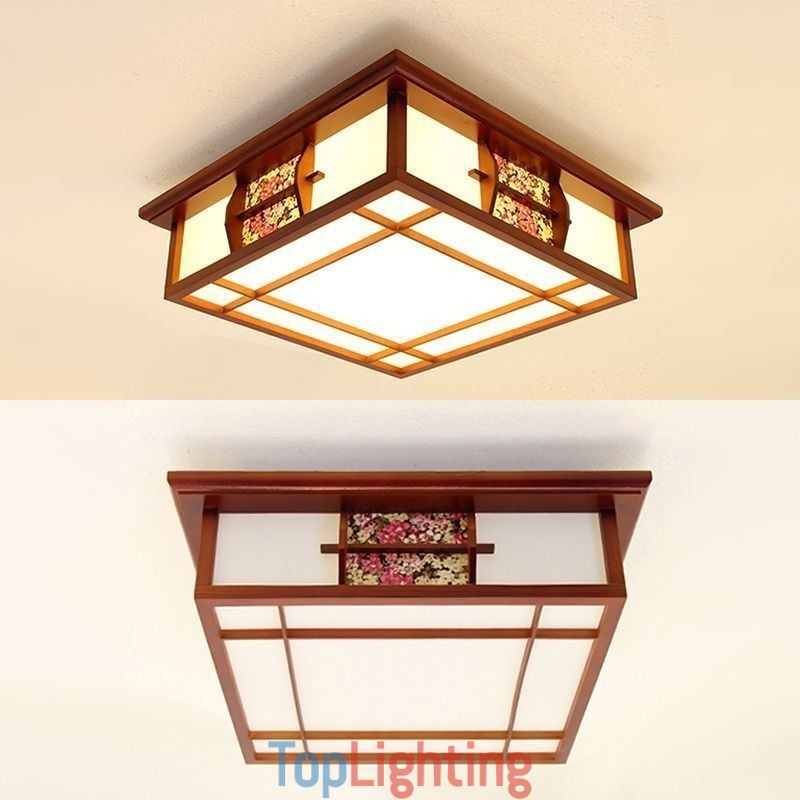 Retro Wooden Flush Mount Square Ceiling Light