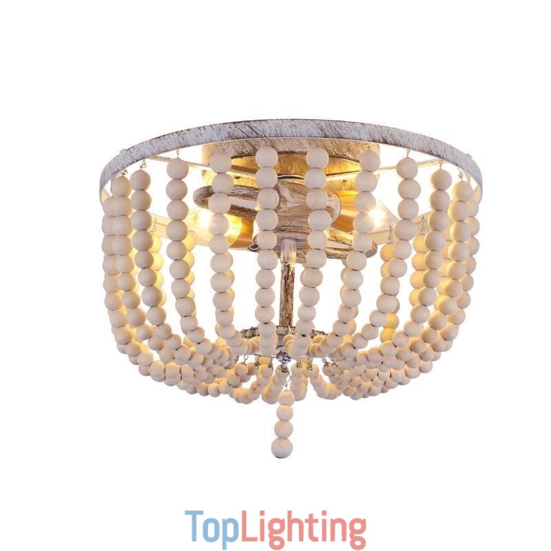 Farmhouse Wood Beaded Flush Mount Celling Light 3 Light Fixture