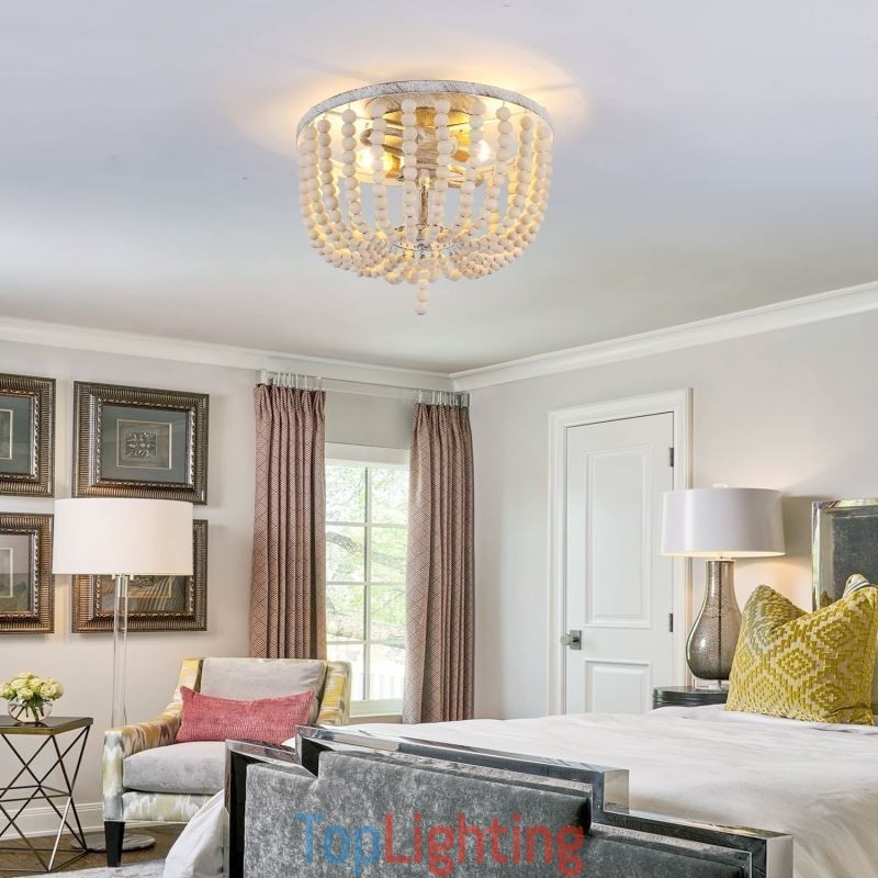 Farmhouse Wood Beaded Flush Mount Celling Light 3 Light Fixture