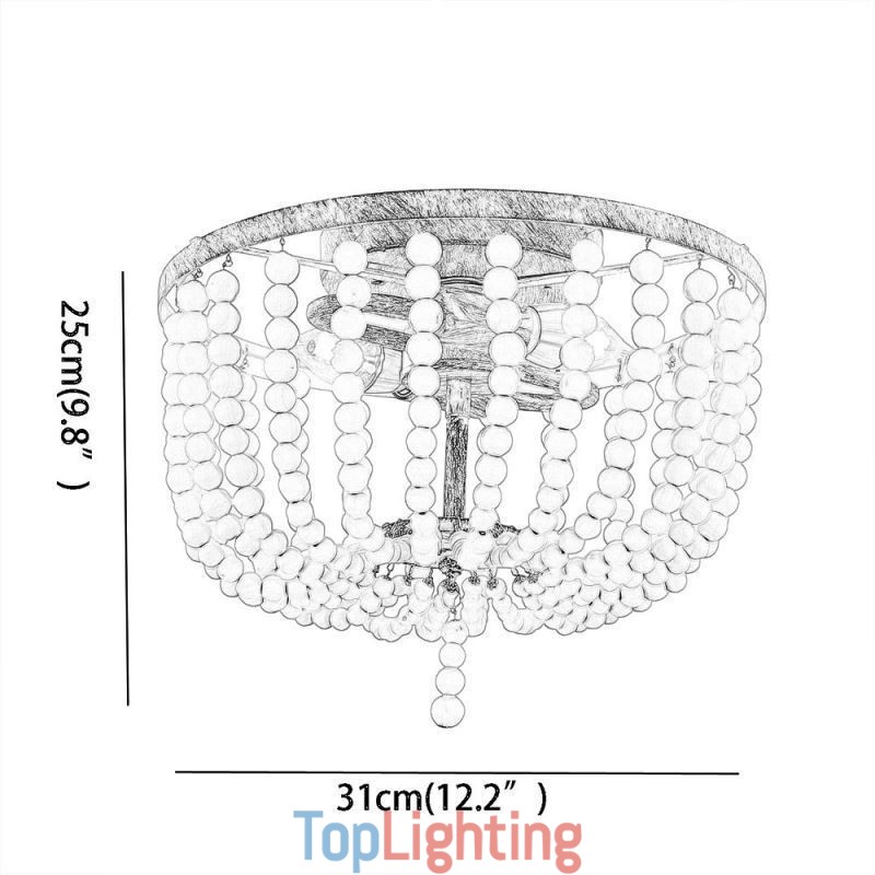 Farmhouse Wood Beaded Flush Mount Celling Light 3 Light Fixture
