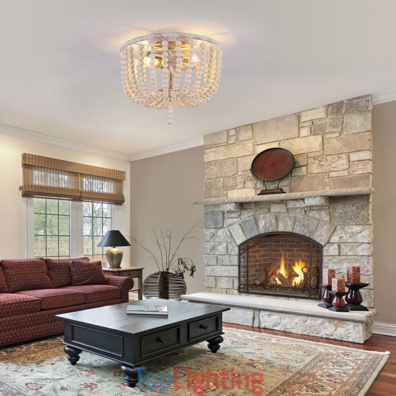 Farmhouse Wood Beaded Flush Mount Celling Light 3 Light Fixture