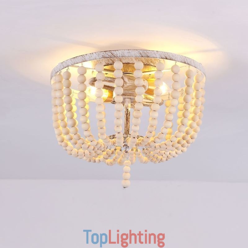 Farmhouse Wood Beaded Flush Mount Celling Light 3 Light Fixture
