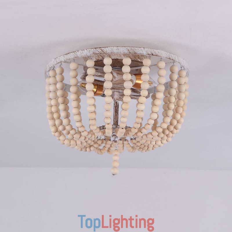 Farmhouse Wood Beaded Flush Mount Celling Light 3 Light Fixture