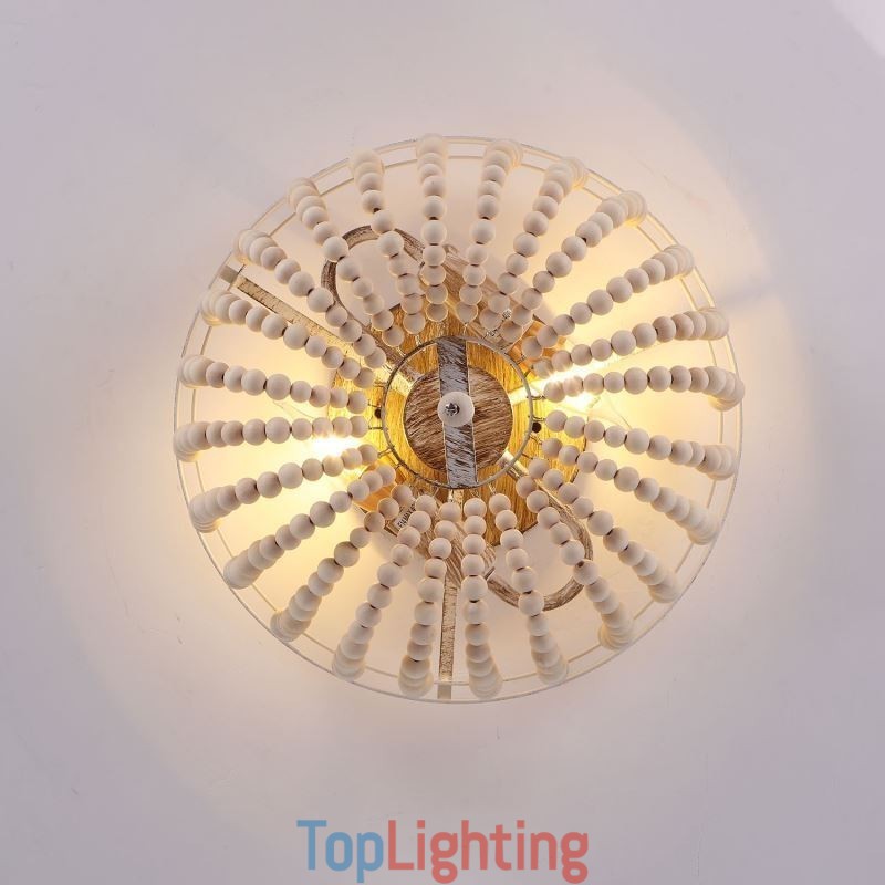 Farmhouse Wood Beaded Flush Mount Celling Light 3 Light Fixture