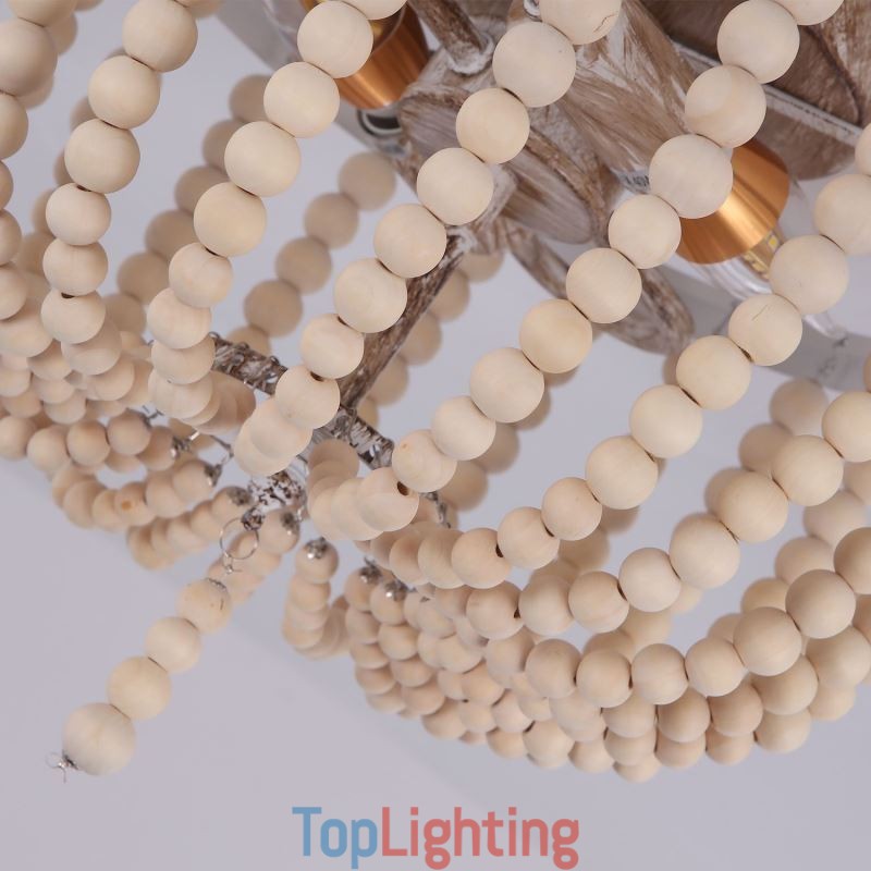 Farmhouse Wood Beaded Flush Mount Celling Light 3 Light Fixture