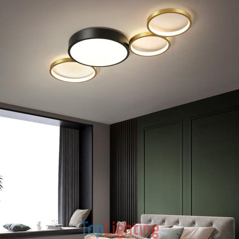 4 Rings Flush Mount Ceiling Light Unique Black+Gold Lampshade Lighting