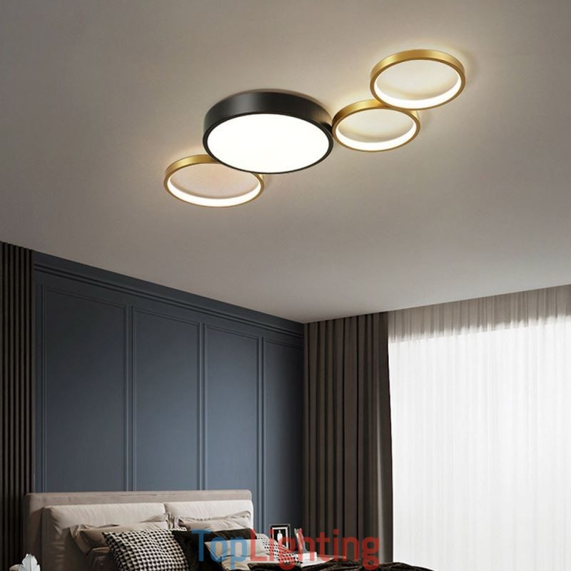 4 Rings Flush Mount Ceiling Light Unique Black+Gold Lampshade Lighting